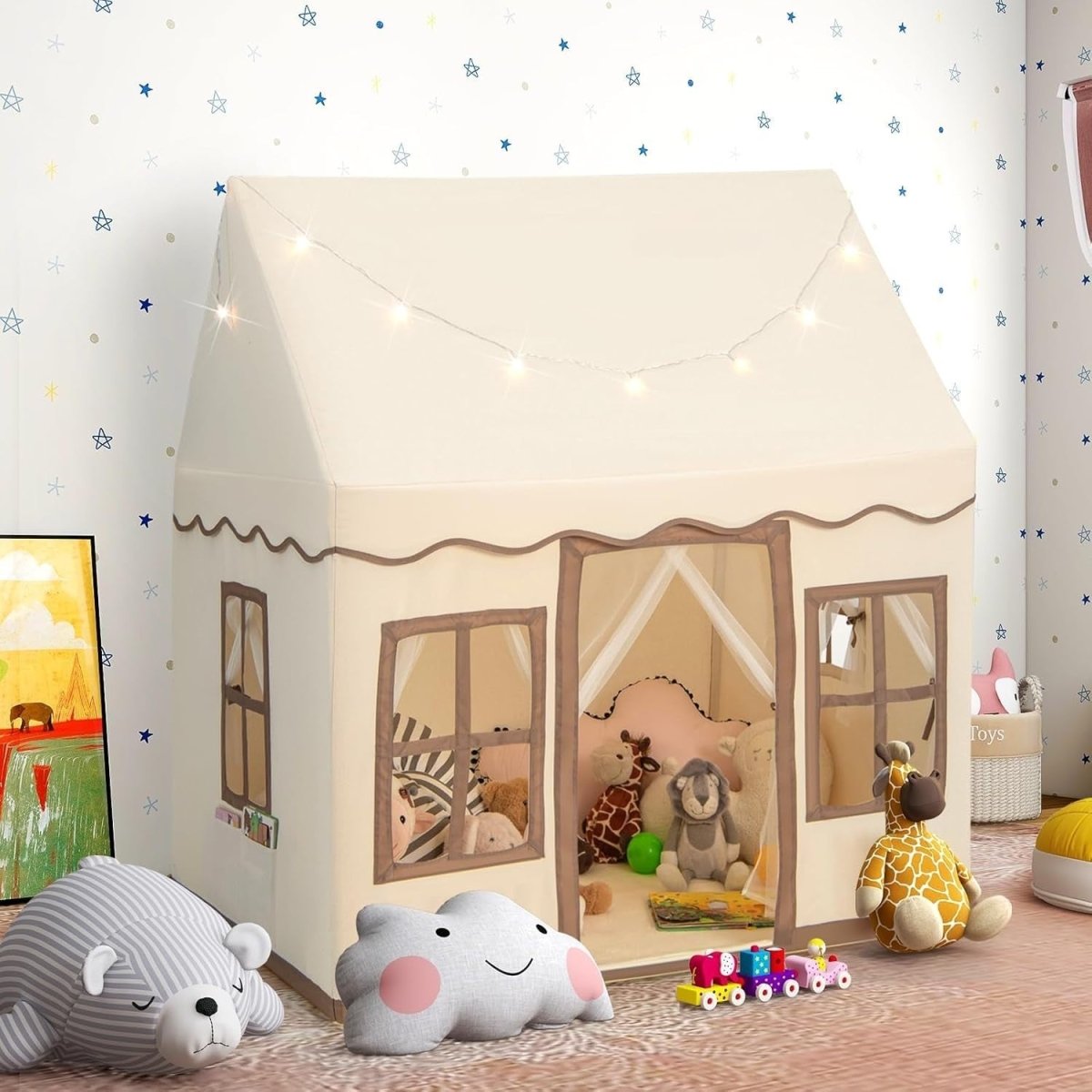 Large Kids Play Tent With Lights Washable Mat Indoor Castle Playhouse - Kwikley