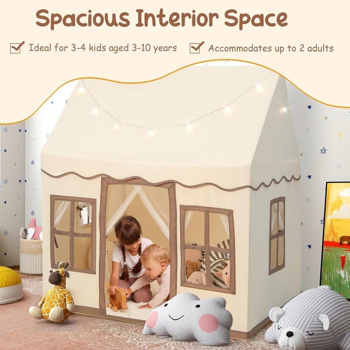 Large Kids Play Tent With Lights Washable Mat Indoor Castle Playhouse - Kwikley