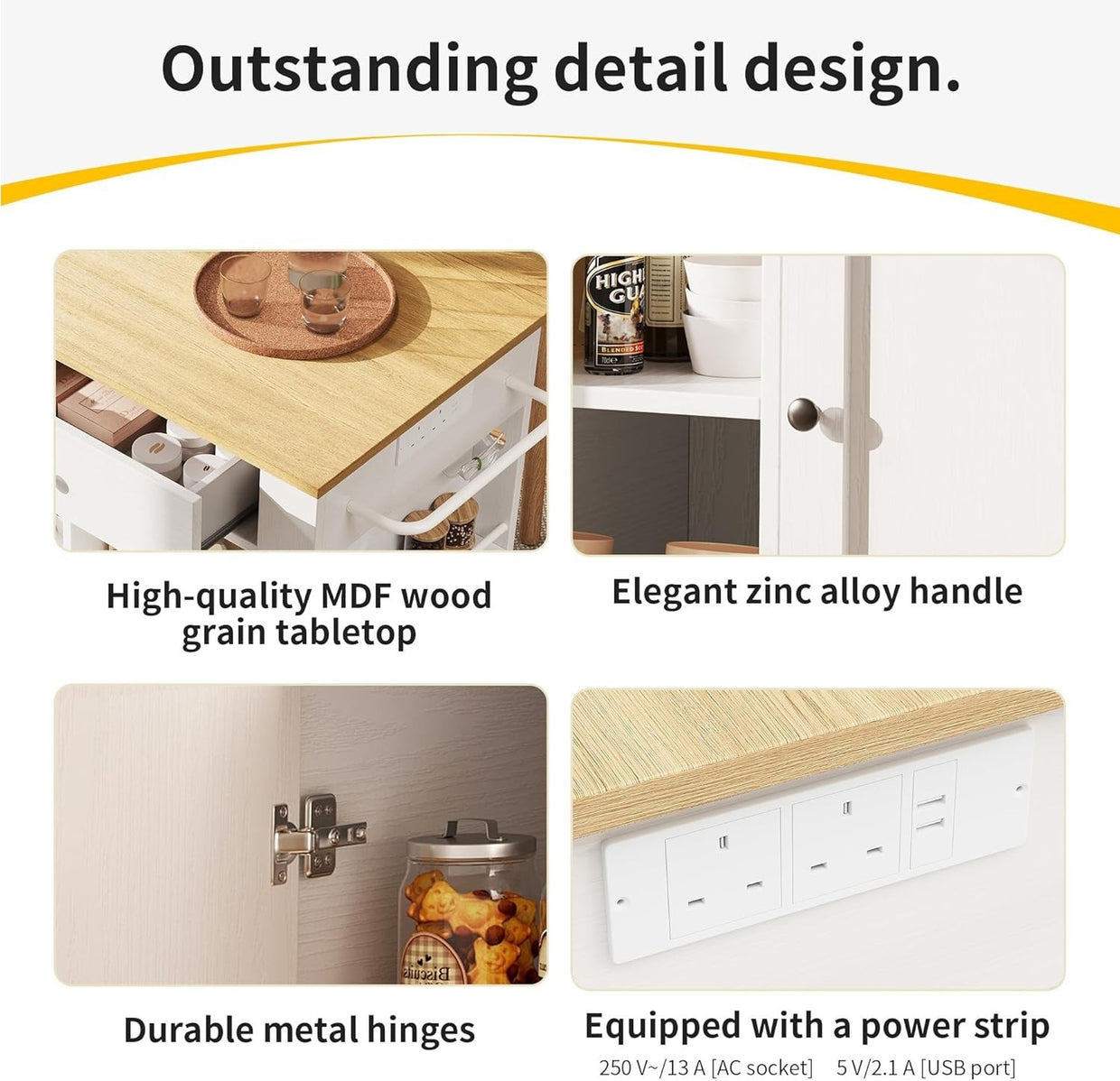 Large Kitchen Island Trolley w/ Foldable Tabletop, Sockets & Storage - Kwikley
