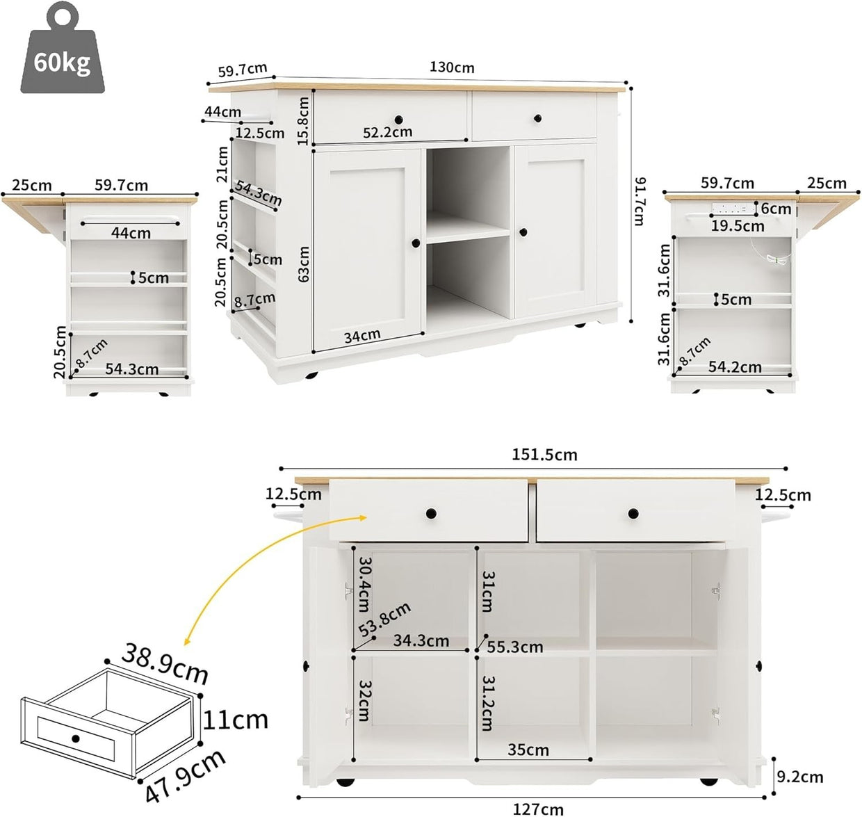 Large Kitchen Island Trolley w/ Foldable Tabletop, Sockets & Storage - Kwikley