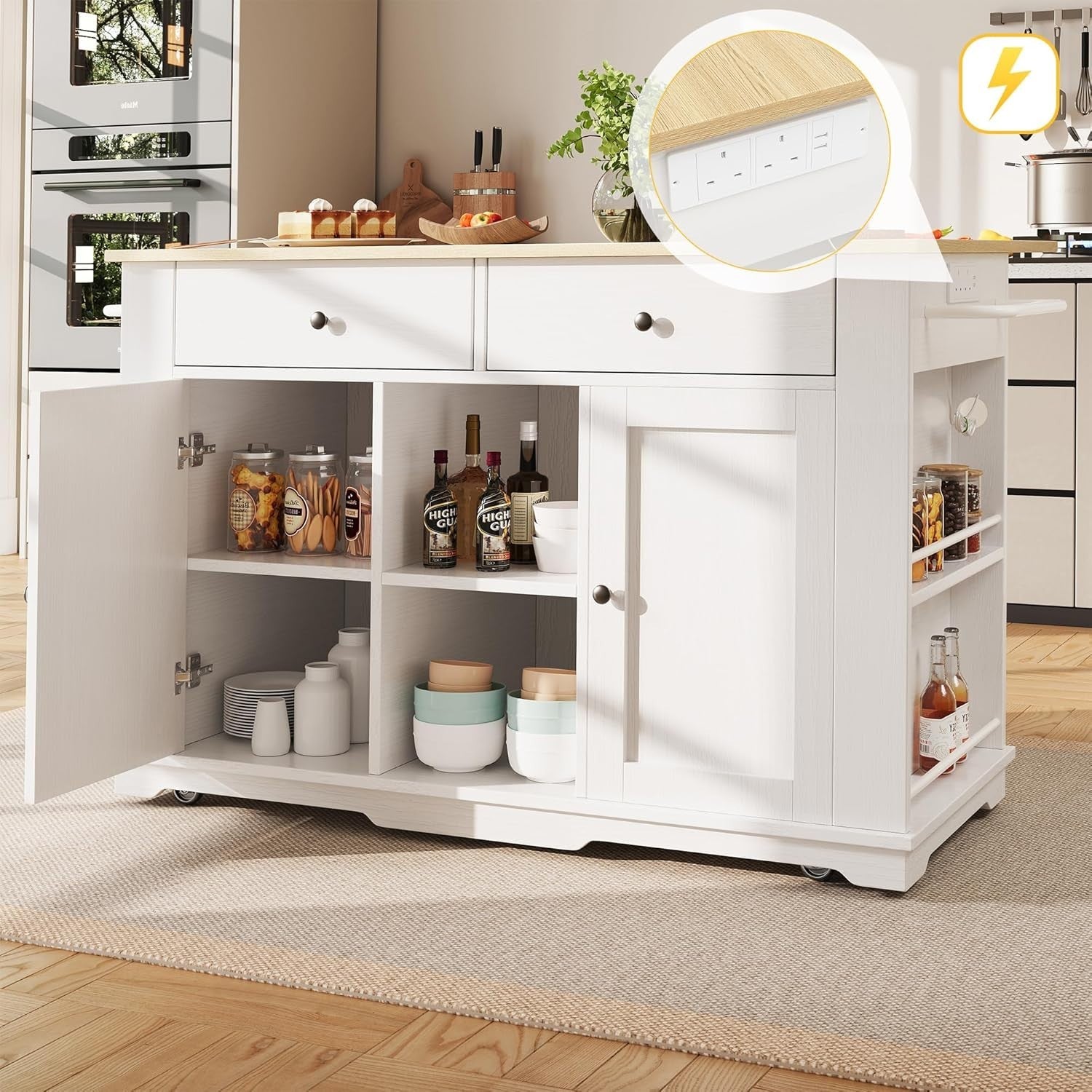 Large Kitchen Island Trolley w/ Foldable Tabletop, Sockets & Storage - Kwikley