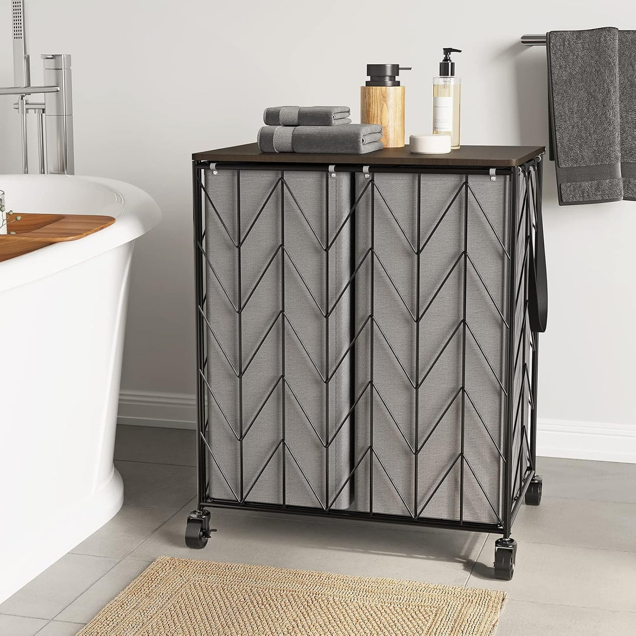 Large Laundry Hamper with Wheels Grey Wood Lid Heavy Duty Basket Removable Bag - Kwikley