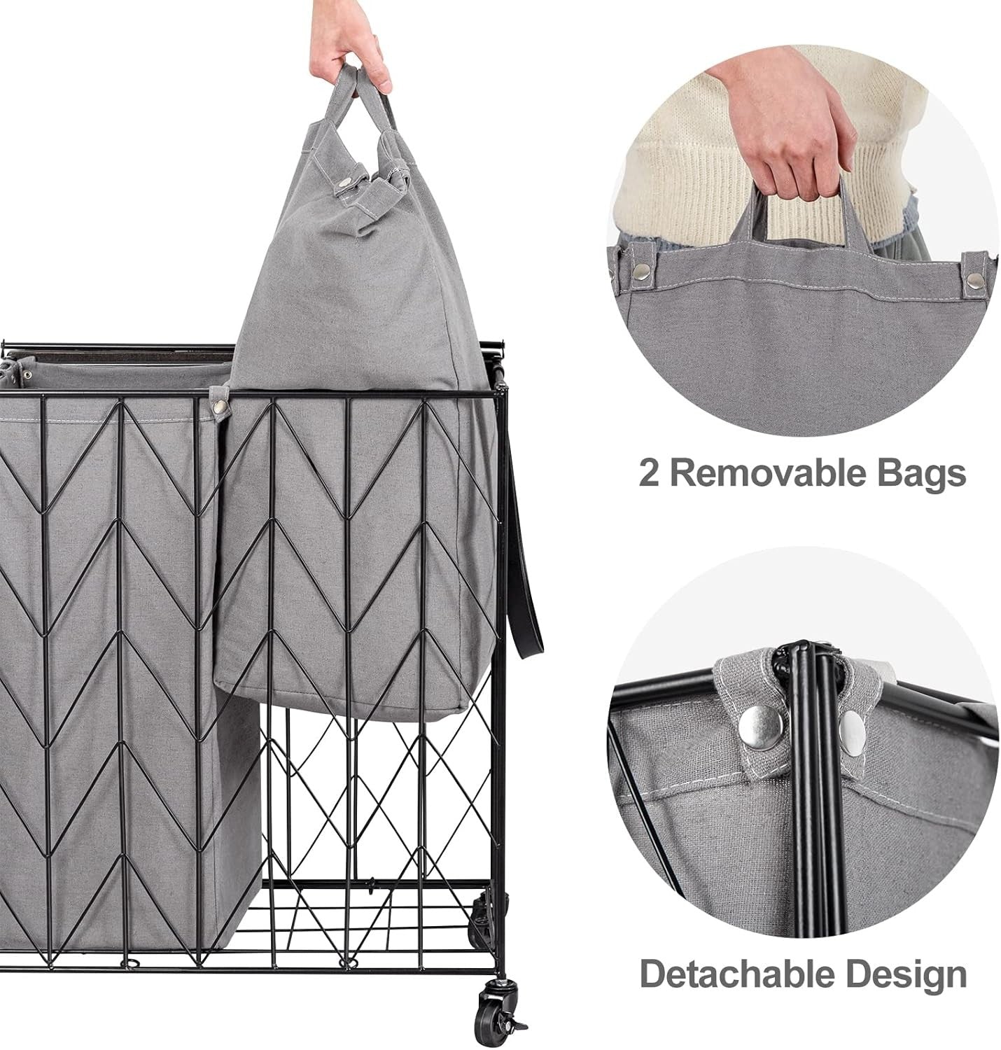 Large Laundry Hamper with Wheels Grey Wood Lid Heavy Duty Basket Removable Bag - Kwikley