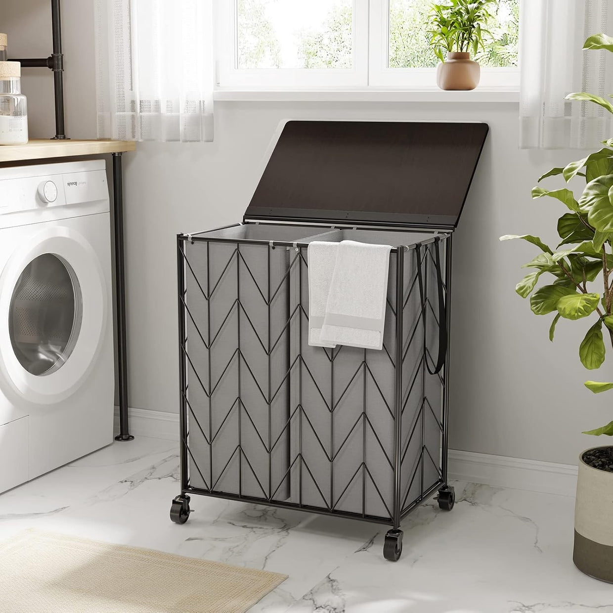Large Laundry Hamper with Wheels Grey Wood Lid Heavy Duty Basket Removable Bag - Kwikley
