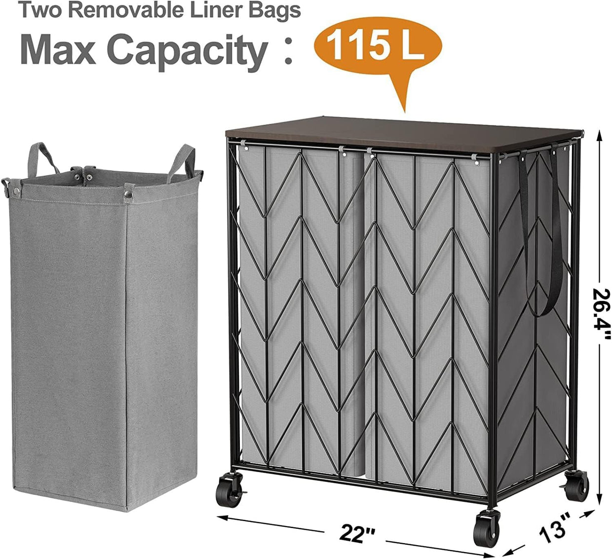 Large Laundry Hamper with Wheels Grey Wood Lid Heavy Duty Basket Removable Bag - Kwikley