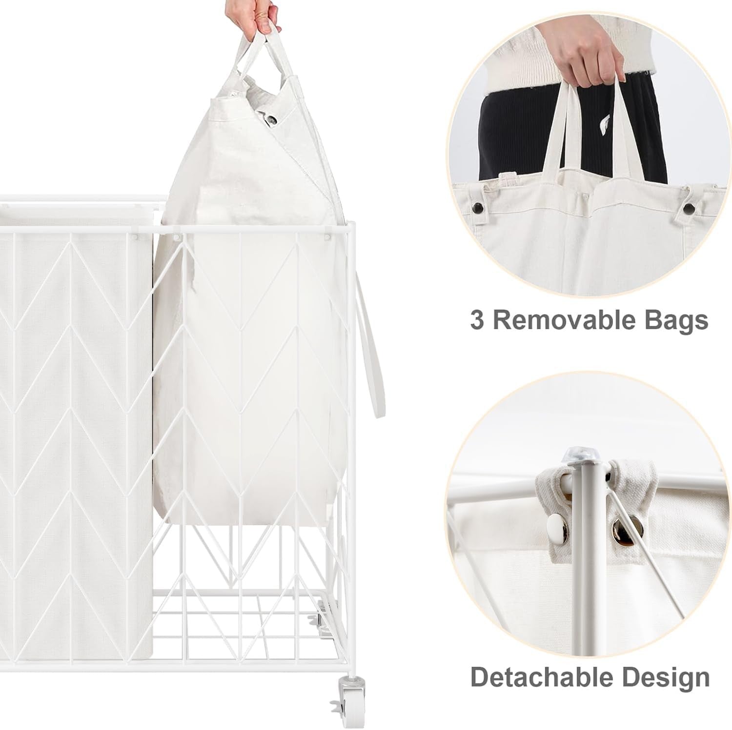 Large Laundry Hamper with Wheels Wood Lid & Removable Bags Heavy Duty Organizer - Kwikley