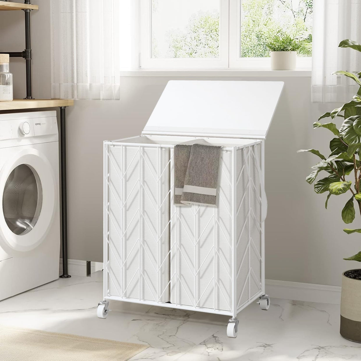 Large Laundry Hamper with Wheels Wood Lid & Removable Bags Heavy Duty Organizer - Kwikley