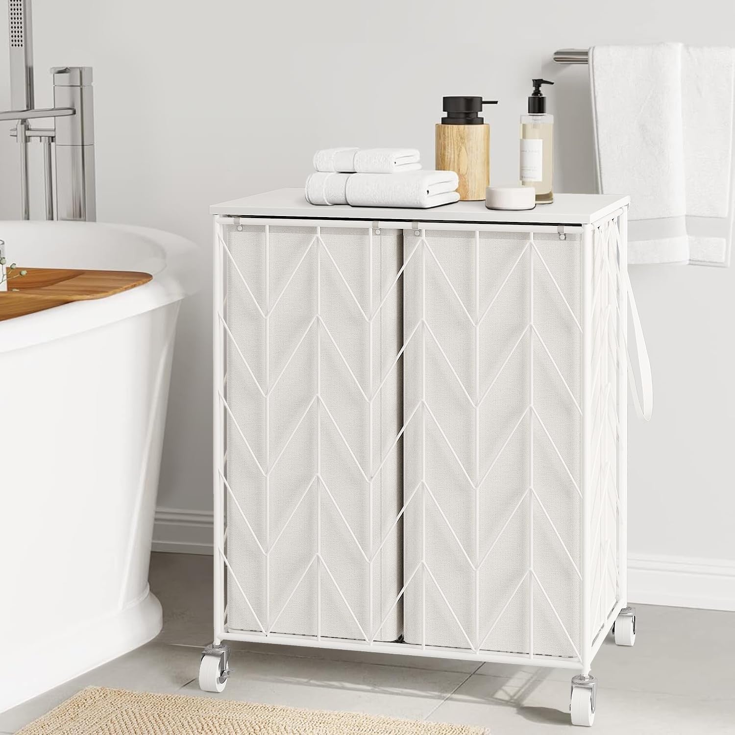 Large Laundry Hamper with Wheels Wood Lid & Removable Bags Heavy Duty Organizer - Kwikley