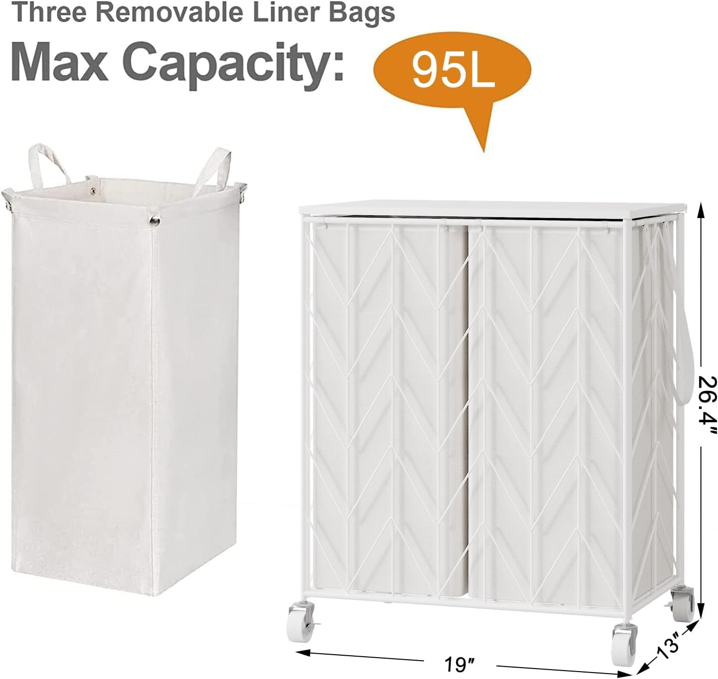 Large Laundry Hamper with Wheels Wood Lid & Removable Bags Heavy Duty Organizer - Kwikley