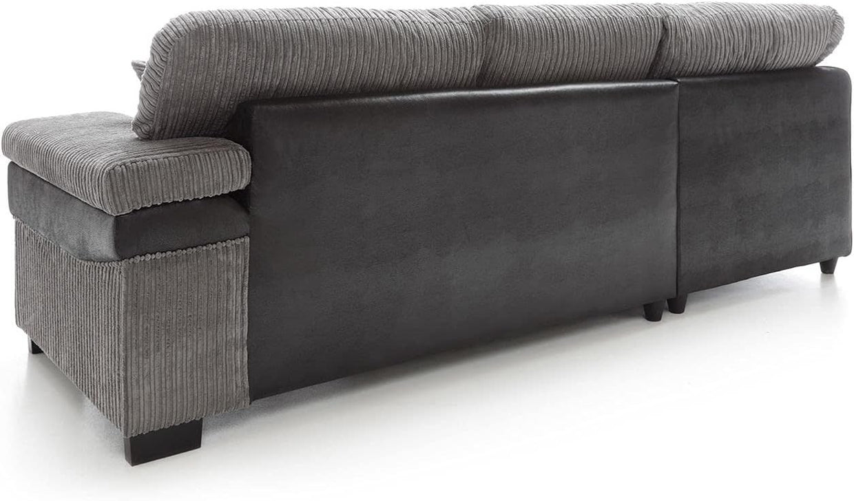 Large Left Hand L Shape Corner Sofa Grey Cord Fabric Deep Cushions Durable - Kwikley