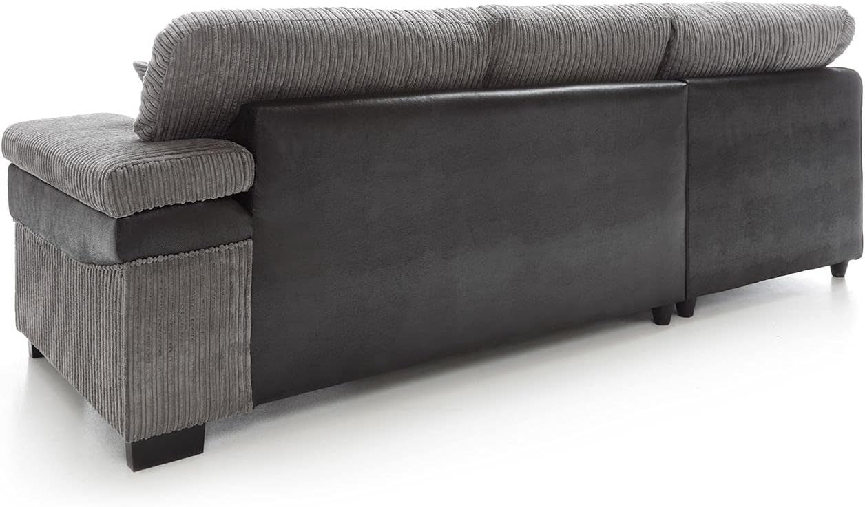 Large Left Hand L Shape Corner Sofa Grey Cord Fabric Deep Cushions Durable - Kwikley