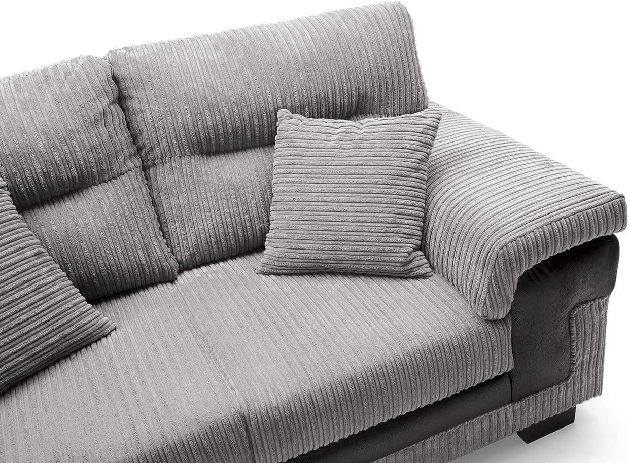 Large Left Hand L Shape Corner Sofa Grey Cord Fabric Deep Cushions Durable - Kwikley