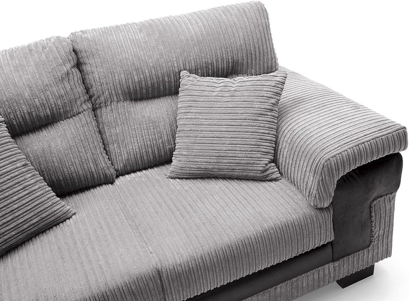 Large Left Hand L Shape Corner Sofa Grey Cord Fabric Deep Cushions Durable - Kwikley