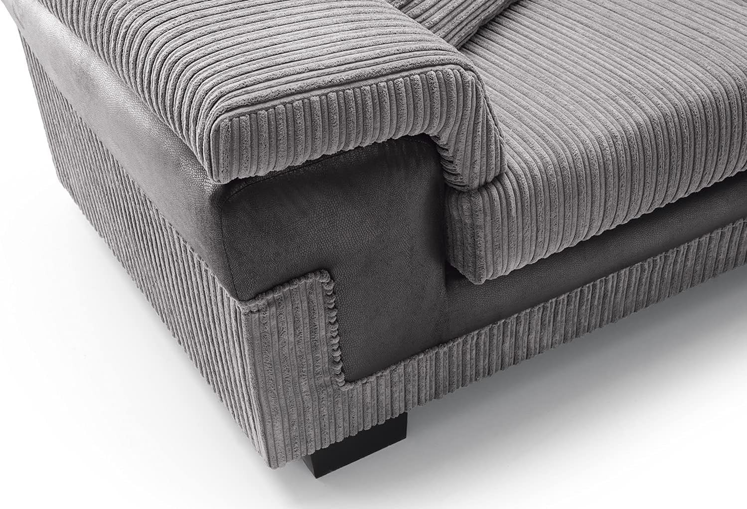 Large Left Hand L Shape Corner Sofa Grey Cord Fabric Deep Cushions Durable - Kwikley