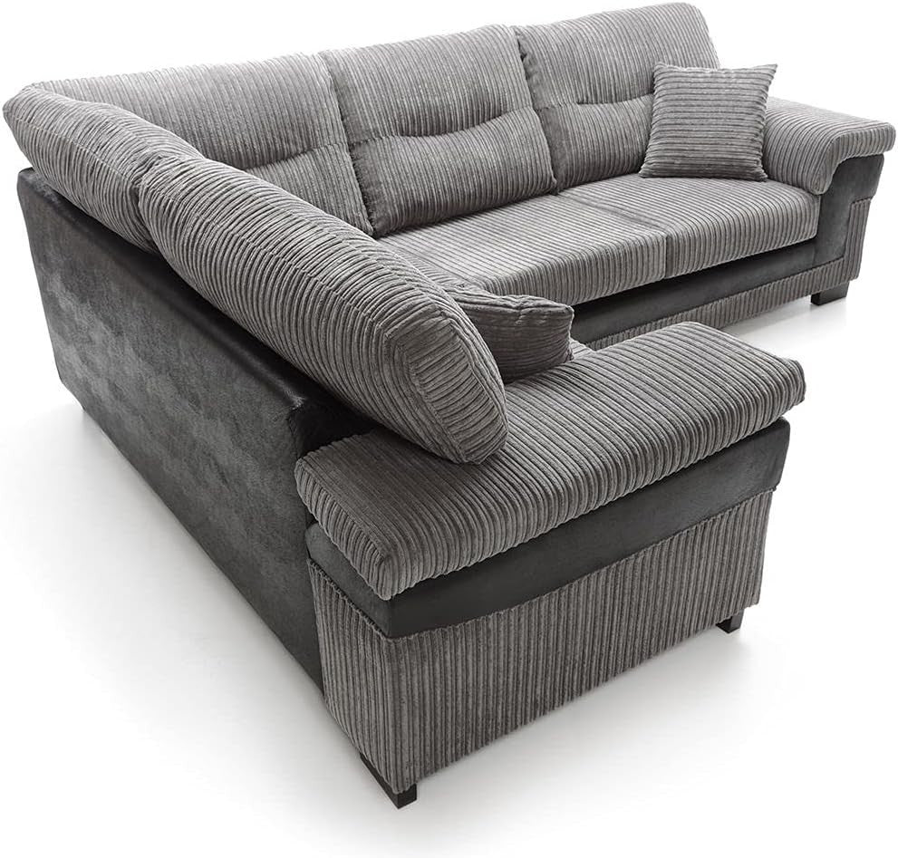 Large Left Hand L Shape Corner Sofa Grey Cord Fabric Deep Cushions Durable - Kwikley