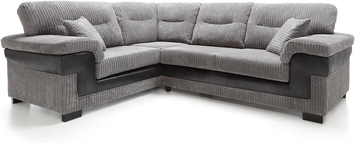 Large Left Hand L Shape Corner Sofa Grey Cord Fabric Deep Cushions Durable - Kwikley