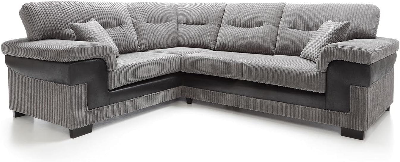 Large Left Hand L Shape Corner Sofa Grey Cord Fabric Deep Cushions Durable - Kwikley