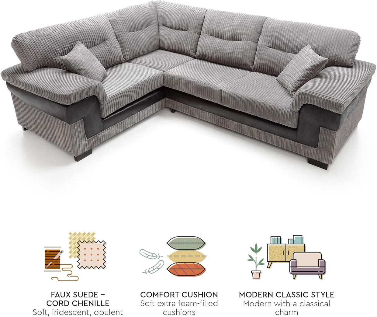Large Left Hand L Shape Corner Sofa Grey Cord Fabric Deep Cushions Durable - Kwikley