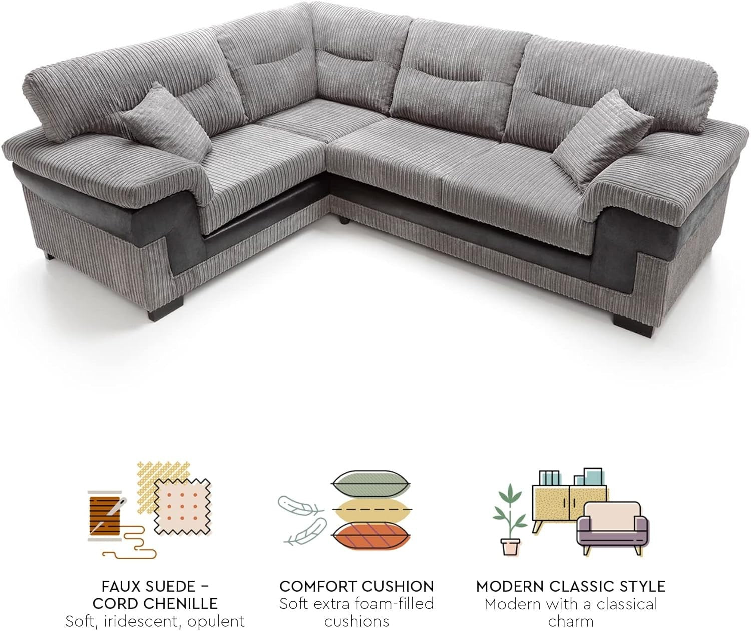 Large Left Hand L Shape Corner Sofa Grey Cord Fabric Deep Cushions Durable - Kwikley