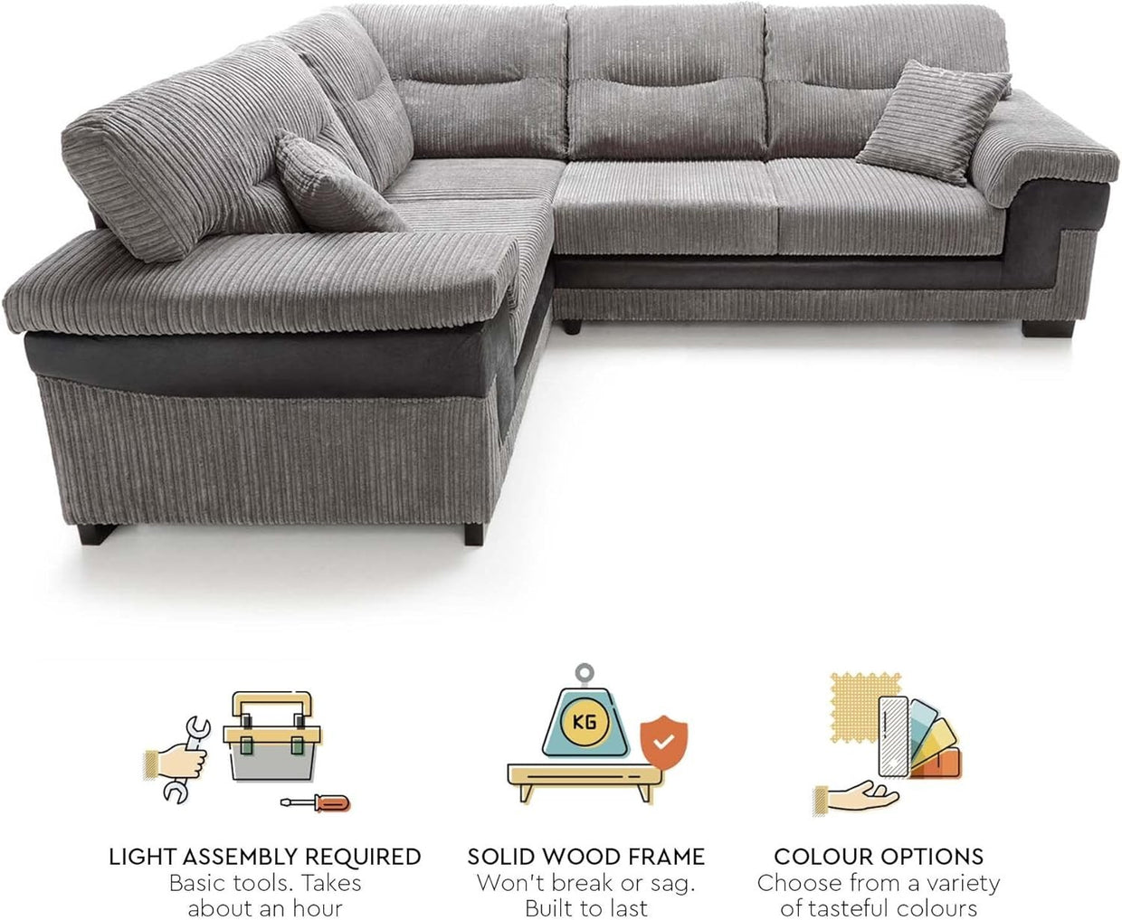 Large Left Hand L Shape Corner Sofa Grey Cord Fabric Deep Cushions Durable - Kwikley
