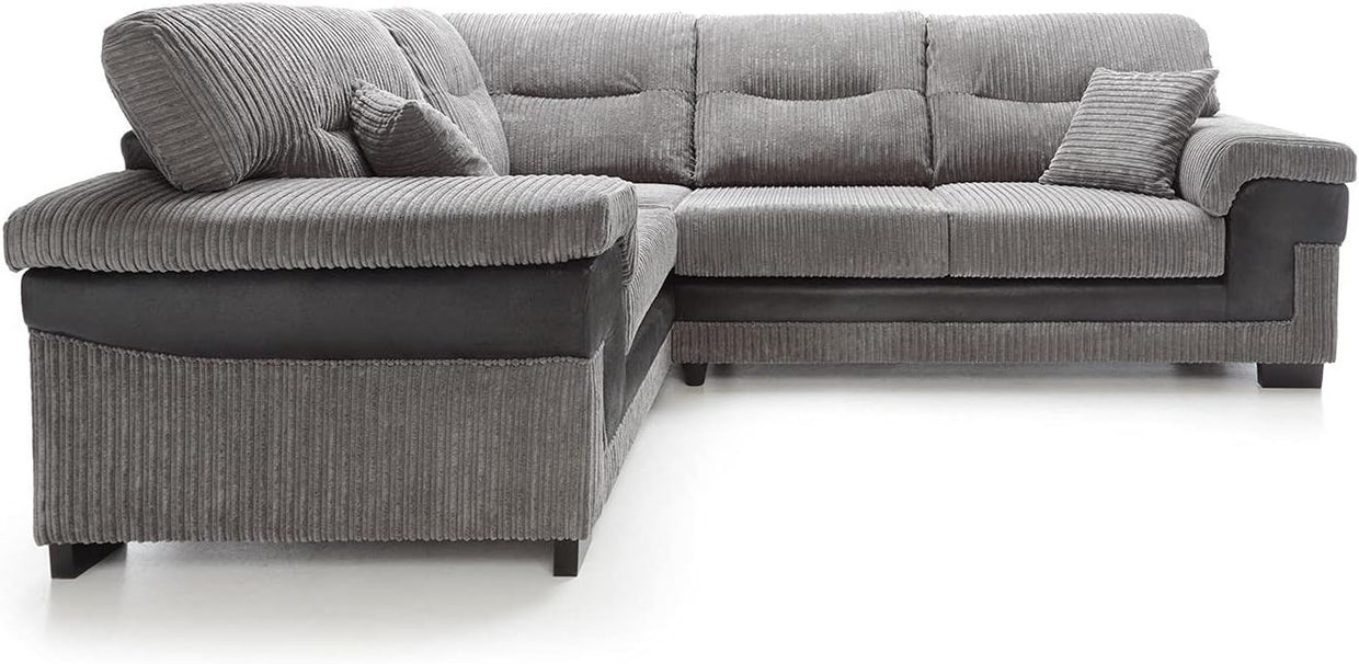 Large Left Hand L Shape Corner Sofa Grey Cord Fabric Deep Cushions Durable - Kwikley