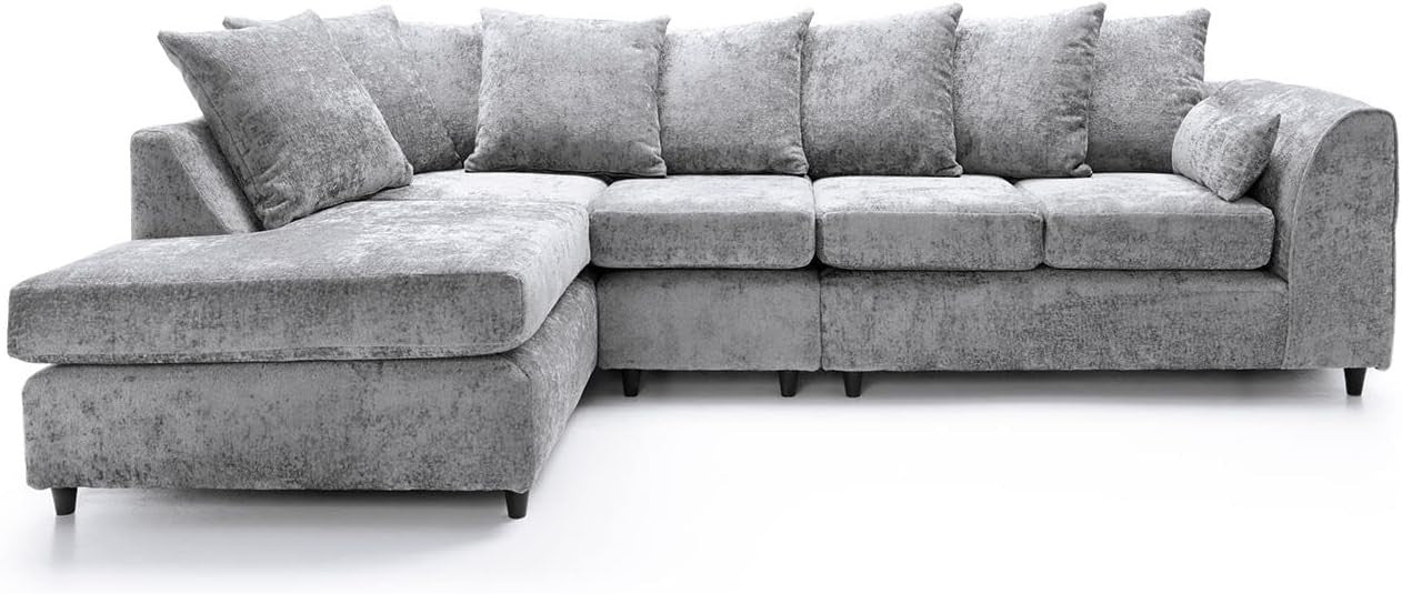 Large Light Grey Chenille Corner Sofa – Modern L Shape 5 Seater Couch w/ Covers - Kwikley