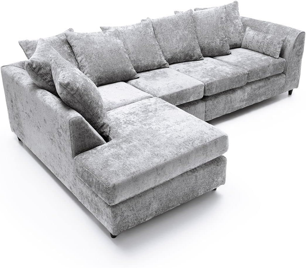Large Light Grey Chenille Corner Sofa – Modern L Shape 5 Seater Couch w/ Covers - Kwikley