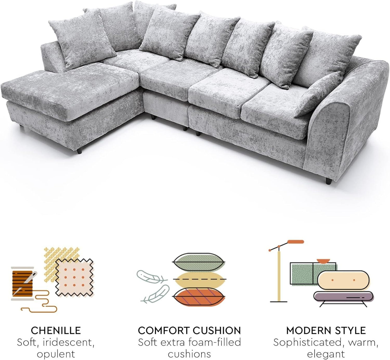 Large Light Grey Chenille Corner Sofa – Modern L Shape 5 Seater Couch w/ Covers - Kwikley