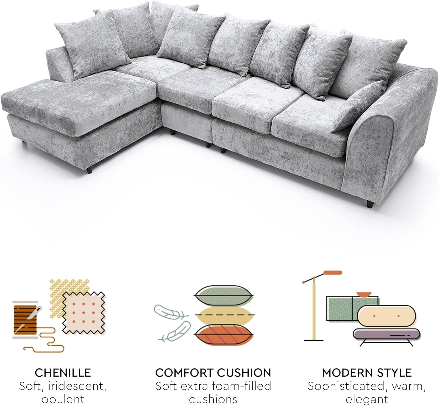 Large Light Grey Chenille Corner Sofa – Modern L Shape 5 Seater Couch w/ Covers - Kwikley