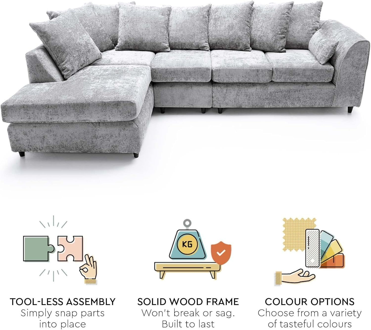 Large Light Grey Chenille Corner Sofa – Modern L Shape 5 Seater Couch w/ Covers - Kwikley