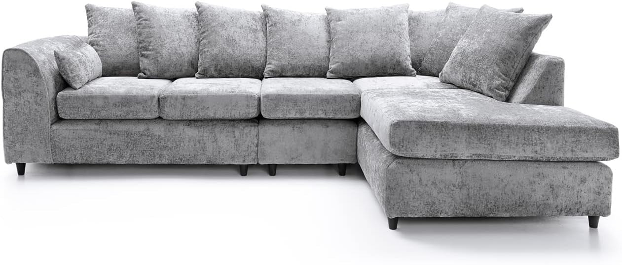 Large Light Grey Chenille Corner Sofa – Right Hand L - Shaped Couch – 5 Seater - Kwikley