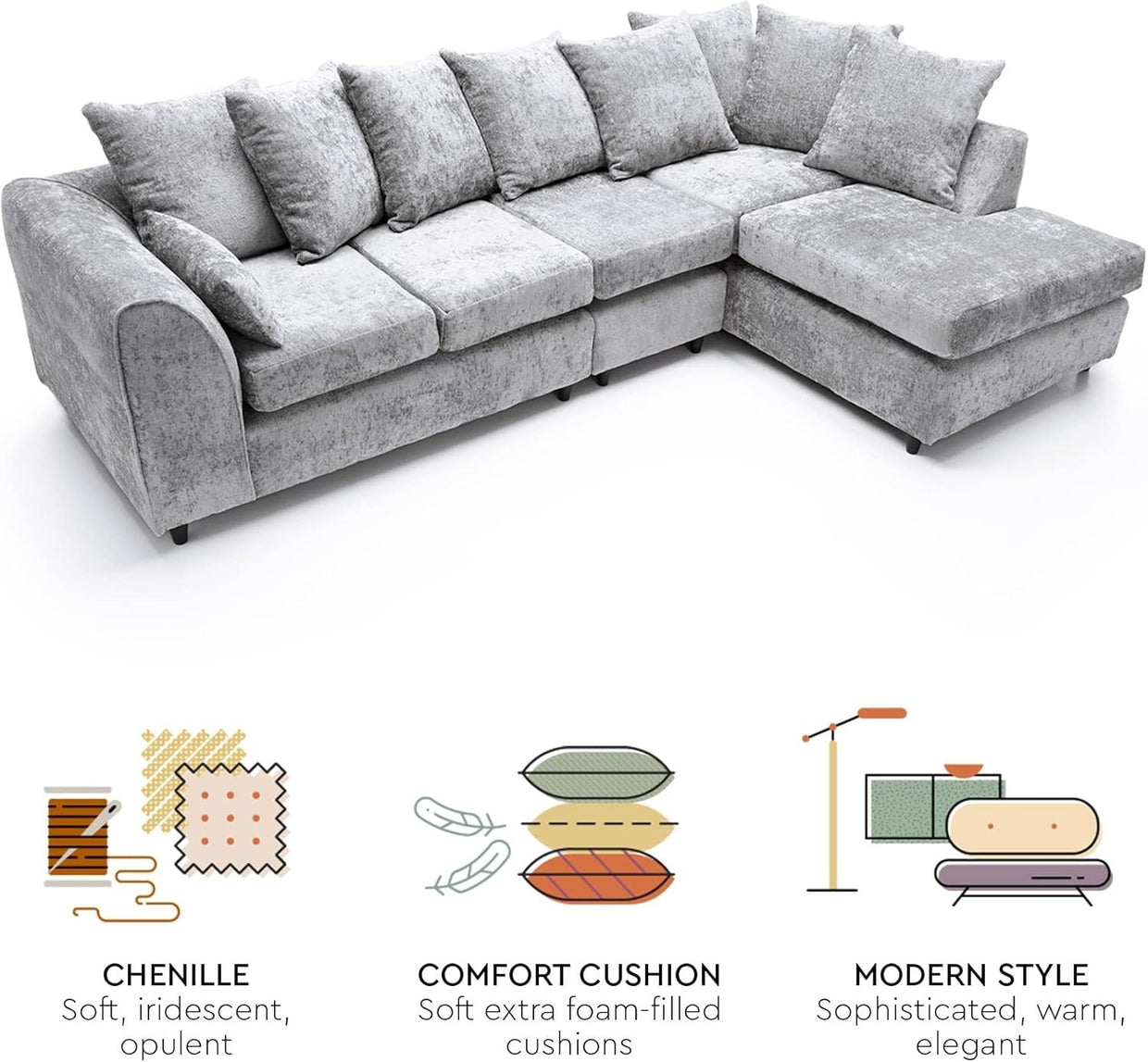 Large Light Grey Chenille Corner Sofa – Right Hand L - Shaped Couch – 5 Seater - Kwikley