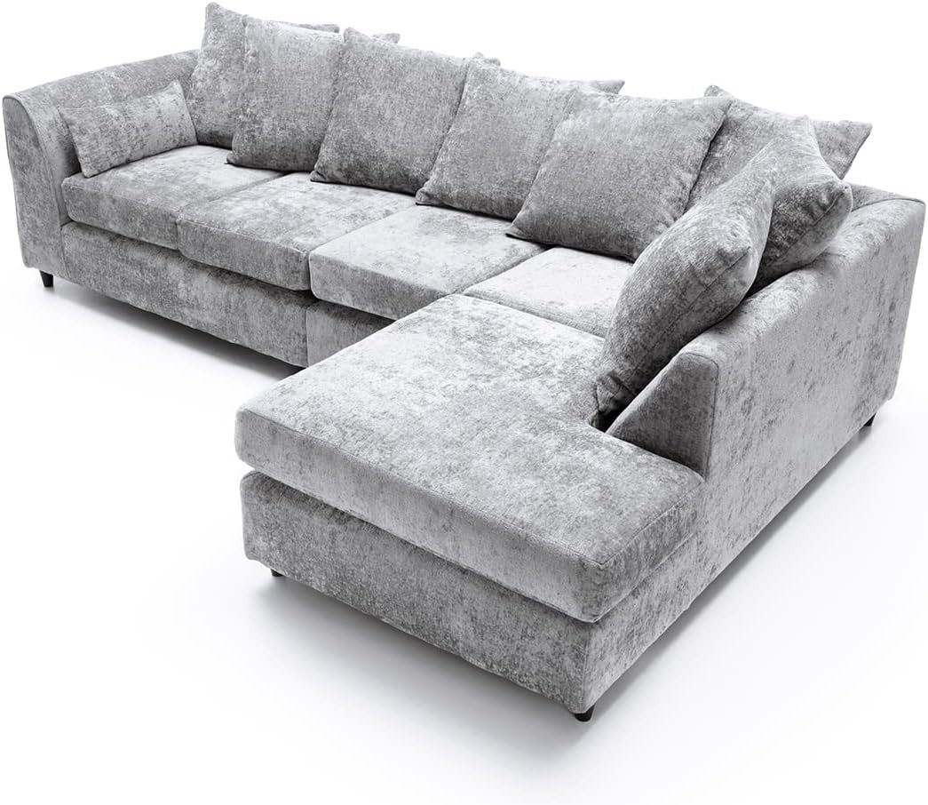 Large Light Grey Chenille Corner Sofa – Right Hand L - Shaped Couch – 5 Seater - Kwikley
