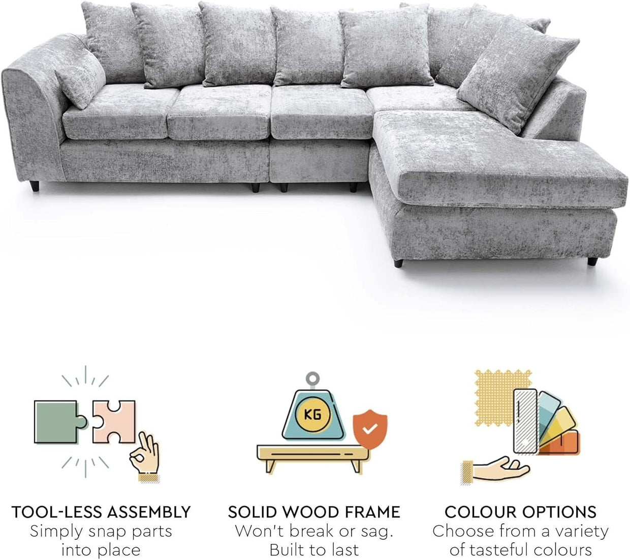 Large Light Grey Chenille Corner Sofa – Right Hand L - Shaped Couch – 5 Seater - Kwikley