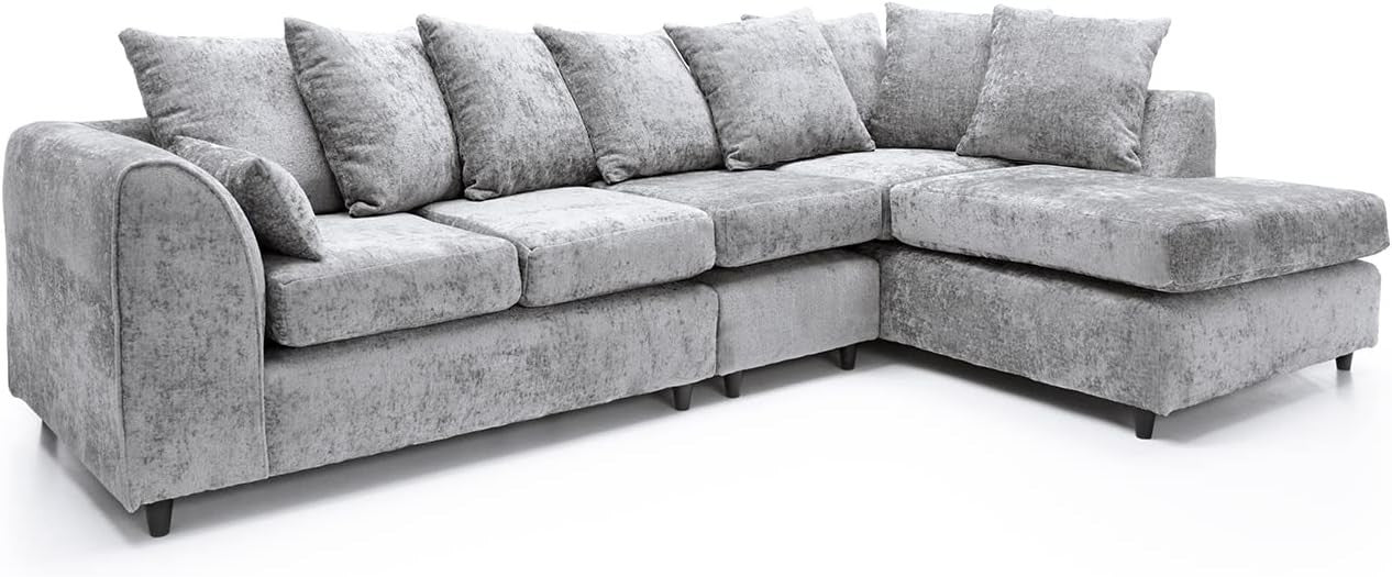 Large Light Grey Chenille Corner Sofa – Right Hand L - Shaped Couch – 5 Seater - Kwikley