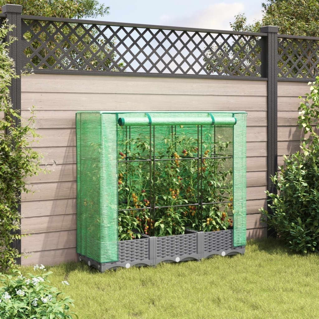 Large Light Grey Rattan Look Raised Garden Bed with Greenhouse Cover - Kwikley