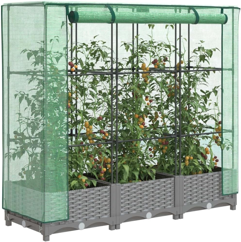 Large Light Grey Rattan Look Raised Garden Bed with Greenhouse Cover - Kwikley