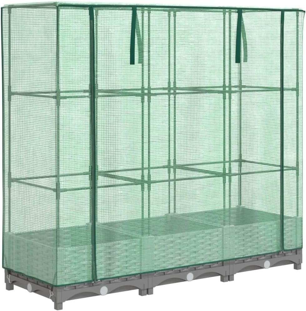Large Light Grey Rattan Look Raised Garden Bed with Greenhouse Cover - Kwikley