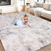 Large Light Grey Shaggy Rug 200x290cm Soft Fluffy Non Slip Tie Dye Carpet - Kwikley