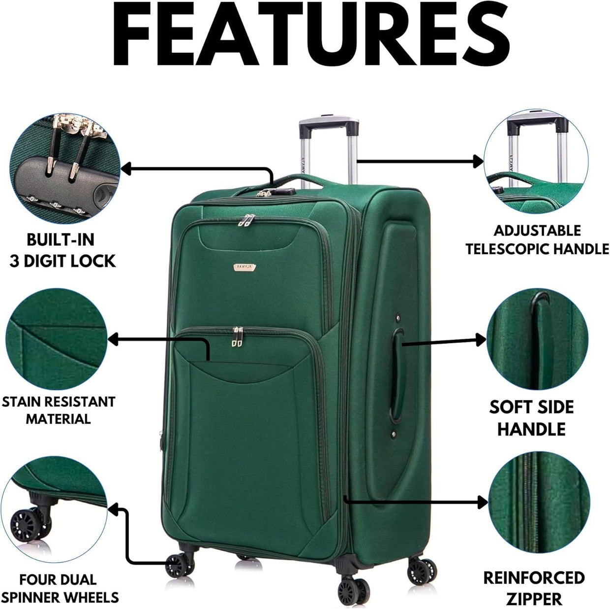Large Lightweight 4 Wheel Suitcase Expandable Lock Green 29in - Kwikley