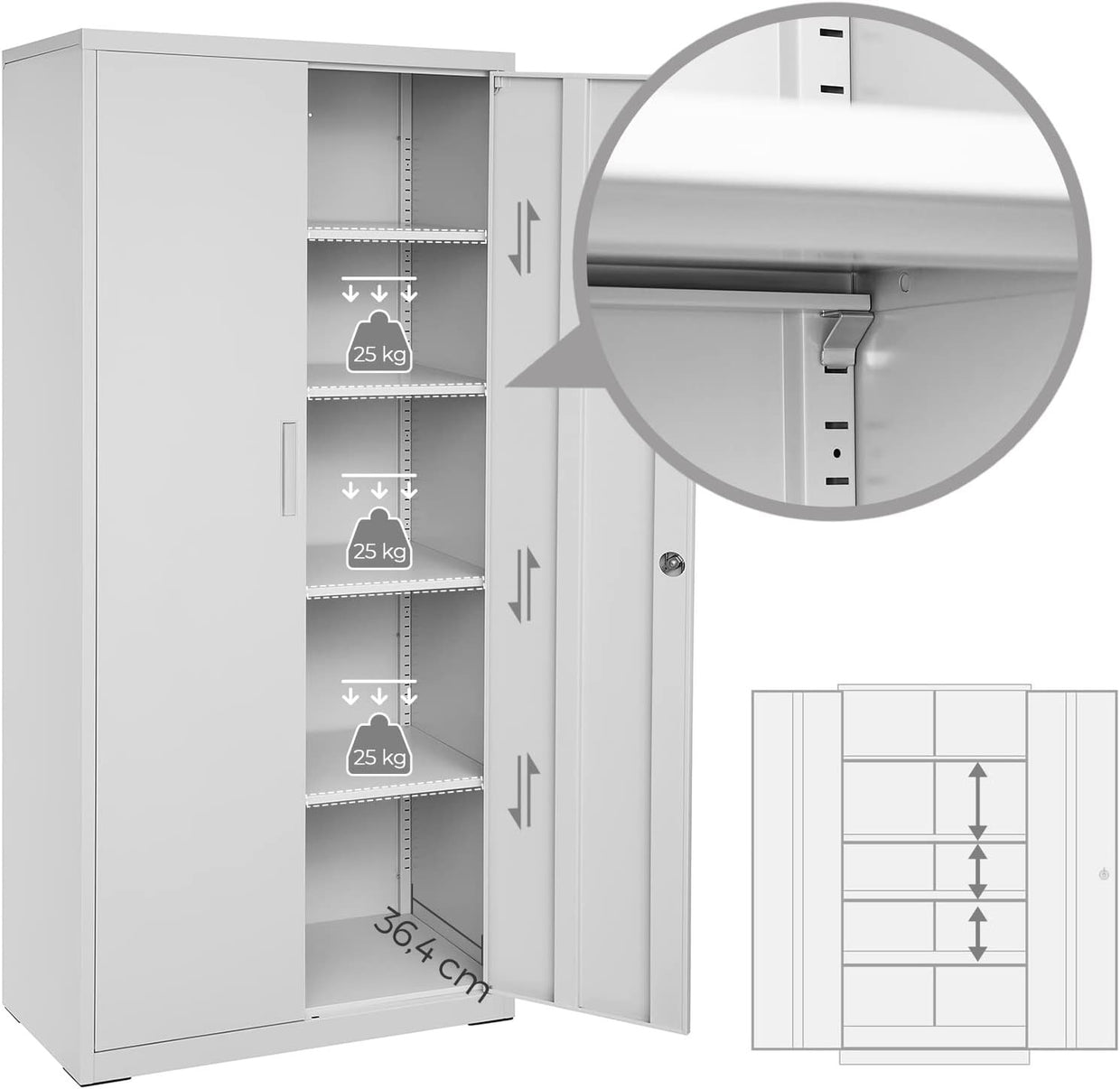 Large Lockable Metal Storage Cabinet 5 Tier Steel Cupboard 180cm Grey - Kwikley