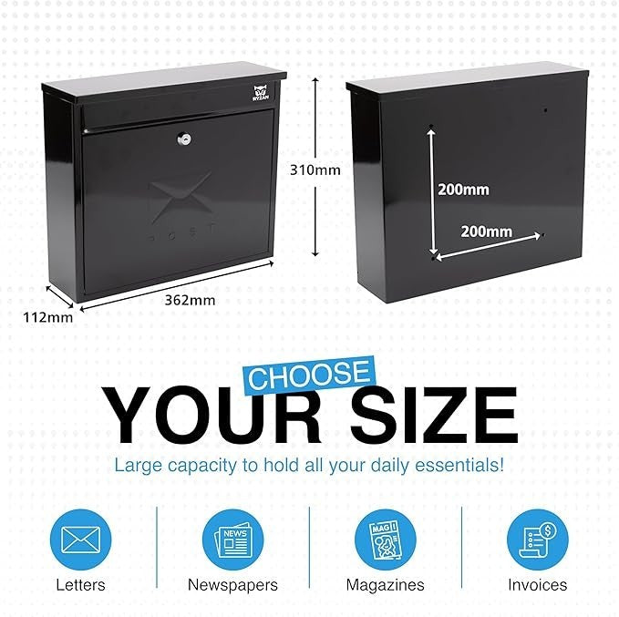 Large Locking Steel Postbox Secure Wall Mounted Mailbox Weather Resistant - Kwikley