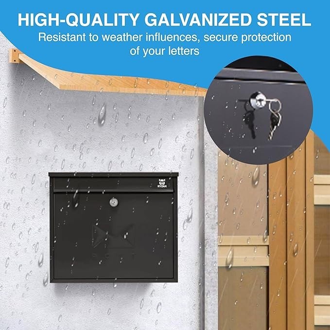 Large Locking Steel Postbox Secure Wall Mounted Mailbox Weather Resistant - Kwikley