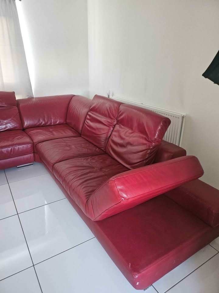 Large Lush Red Leather Corner Sofa (PTP) - Kwikley