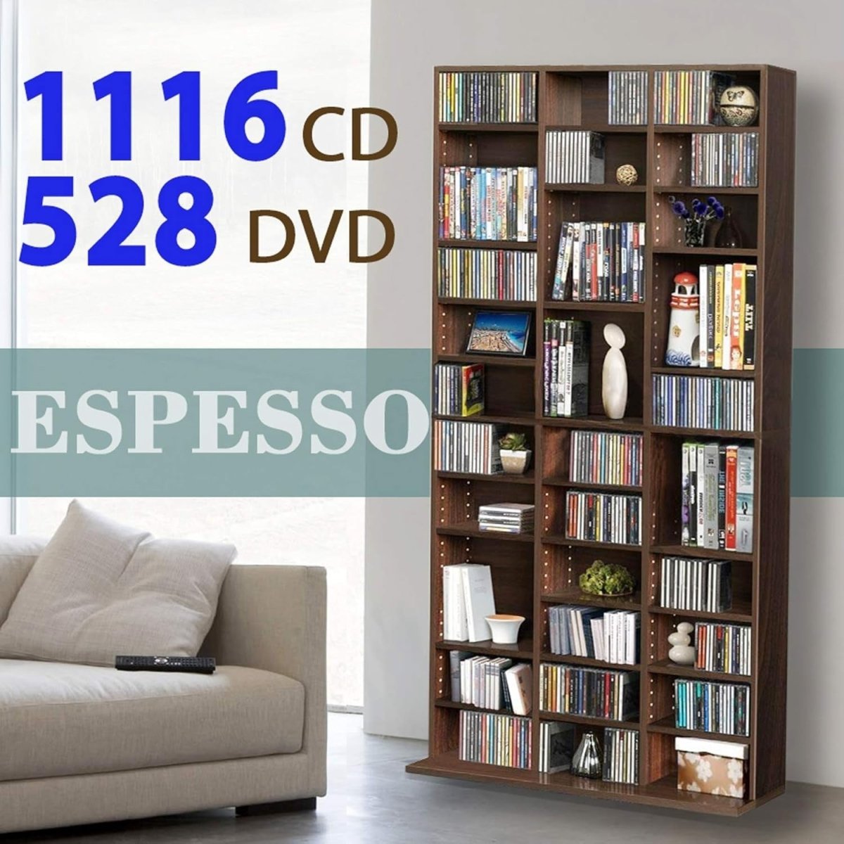 Large Media Storage Cabinet 1116 CD 528 DVD Adjustable Shelves Espresso - Kwikley