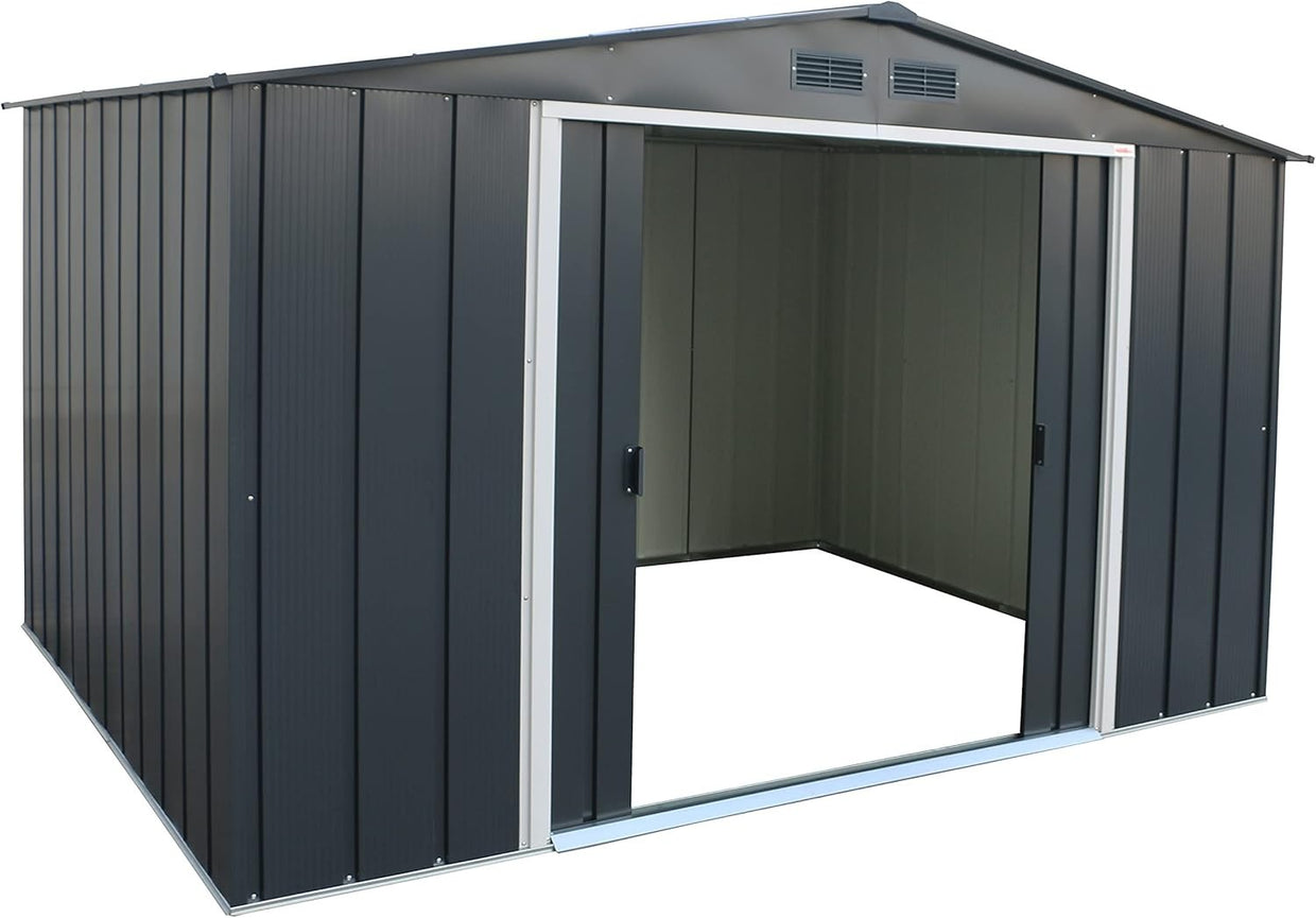 Large Metal Garden Storage Shed 10x8ft Waterproof Outdoor Tool & Bike Anthracite - Kwikley