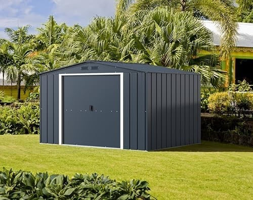 Large Metal Garden Storage Shed 10x8ft Waterproof Outdoor Tool & Bike Anthracite - Kwikley