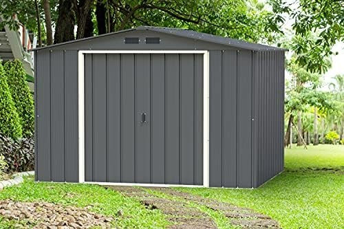 Large Metal Garden Storage Shed 10x8ft Waterproof Outdoor Tool & Bike Anthracite - Kwikley