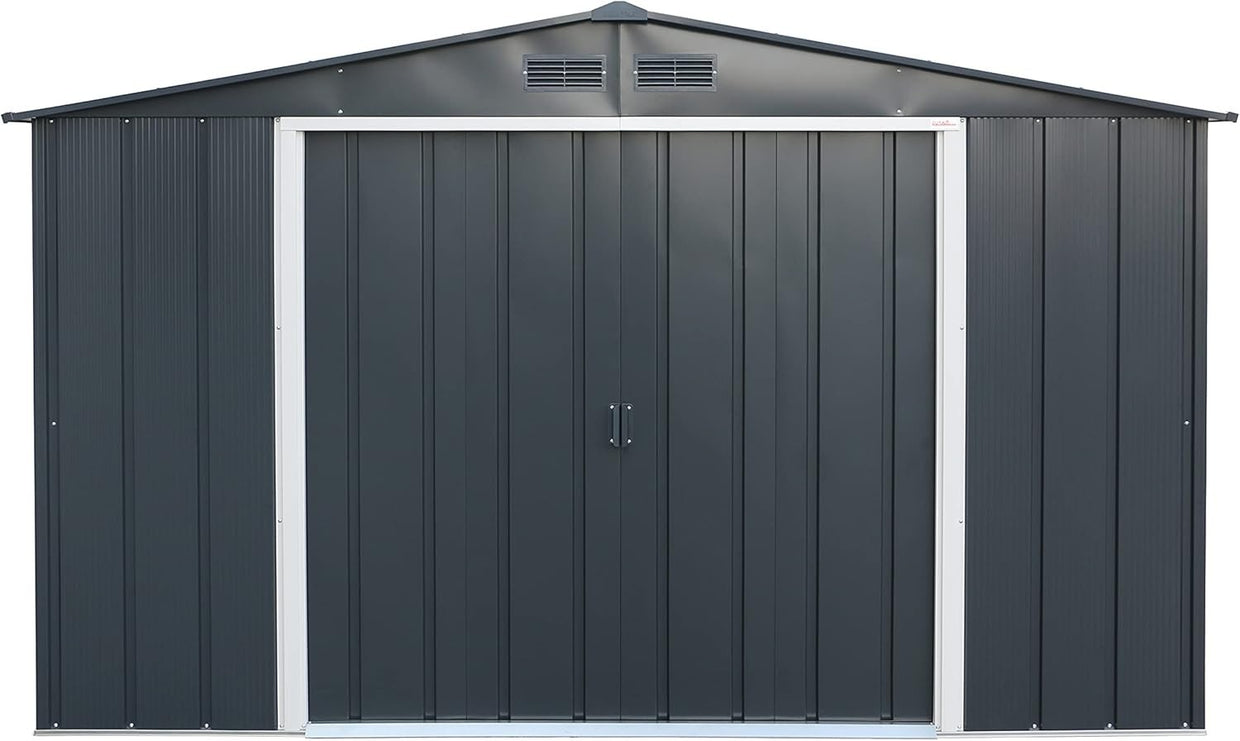 Large Metal Garden Storage Shed 10x8ft Waterproof Outdoor Tool & Bike Anthracite - Kwikley