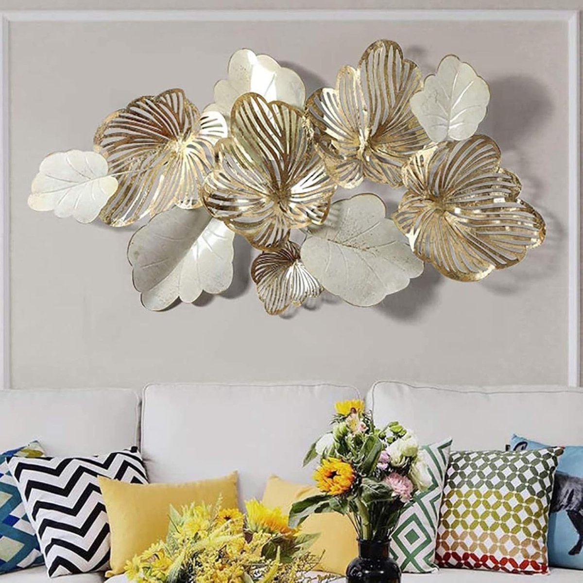 Large Metal Wall Art Gold White Flower 3D Sculpture 136x76cm - Kwikley